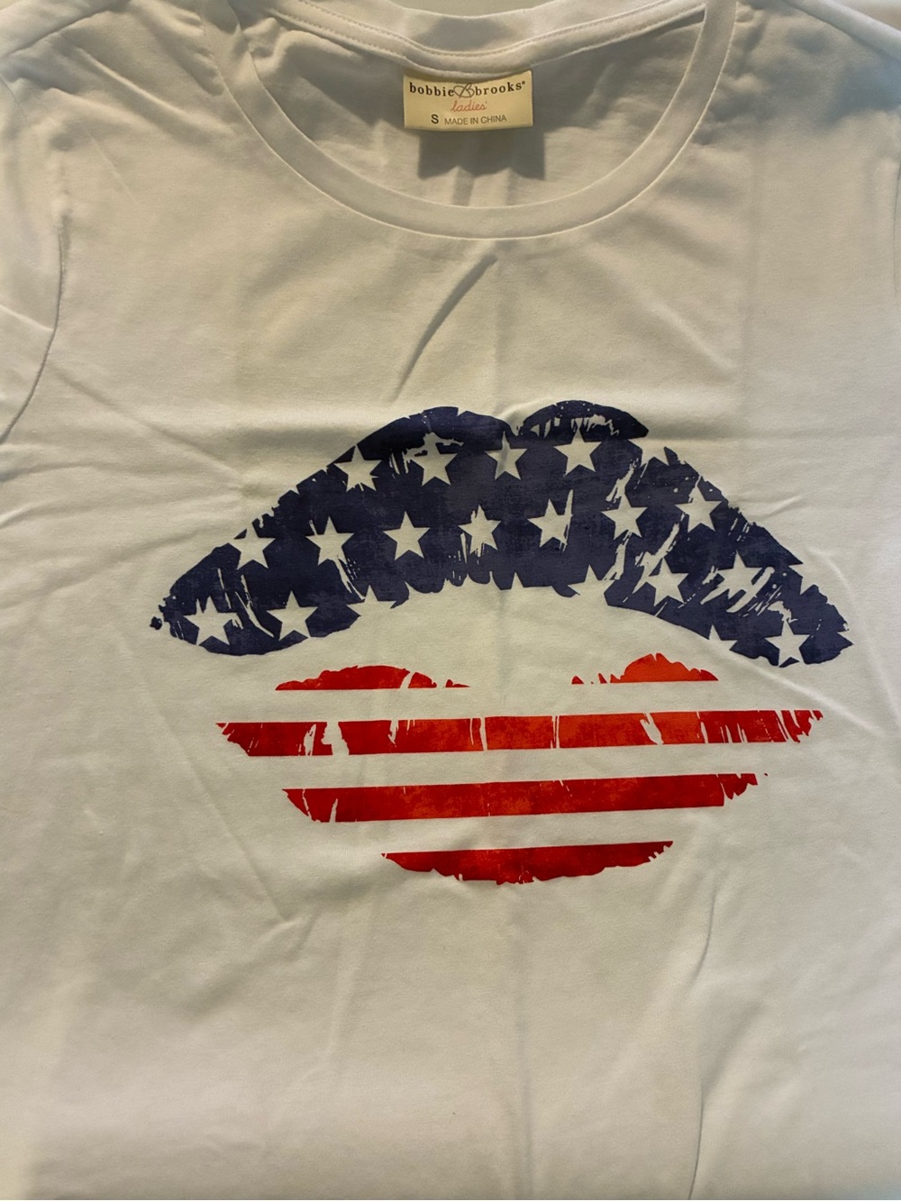 Bobbie Brooks White Tee with Red and Blue Flag Lip Graphic NWOT